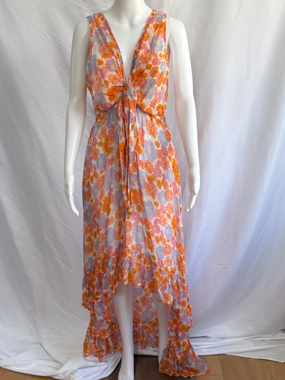 Sundress Delina Maxi Dress Orange Pink Purple Tie Front Ruffle Hem - Size M/L - Picture 2 of 7